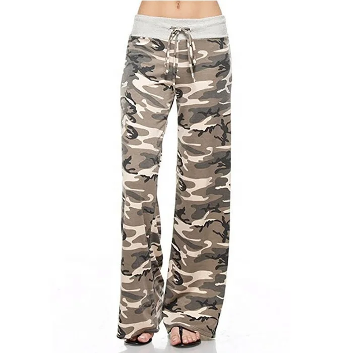 

In Stock Monogram Women High Waist Camo Wide Leg Pants, 2 colors