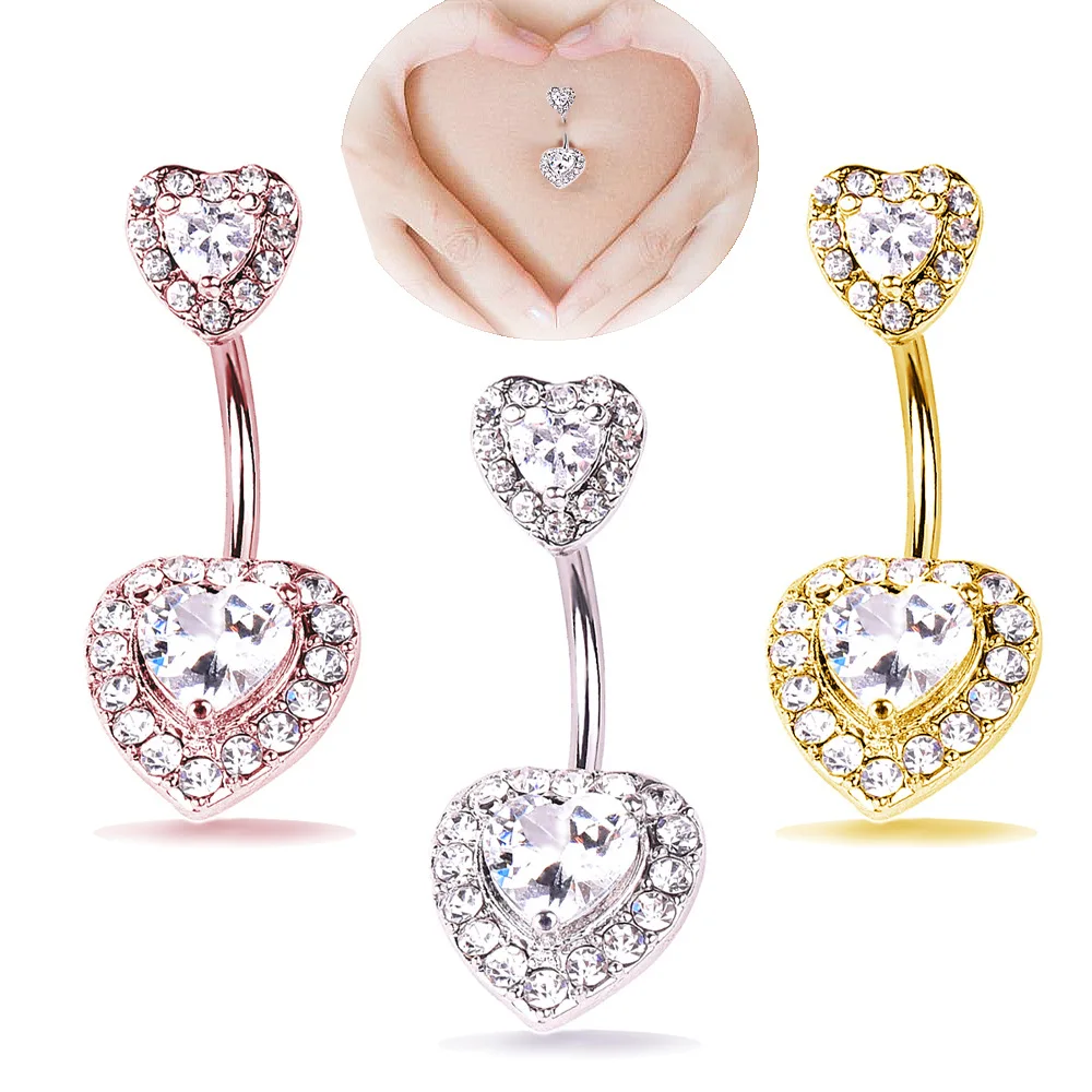 

Drop shipping service Double Heart Belly Bar Crystal Rhinestone Silver Steel Cute Love Navel Piercing