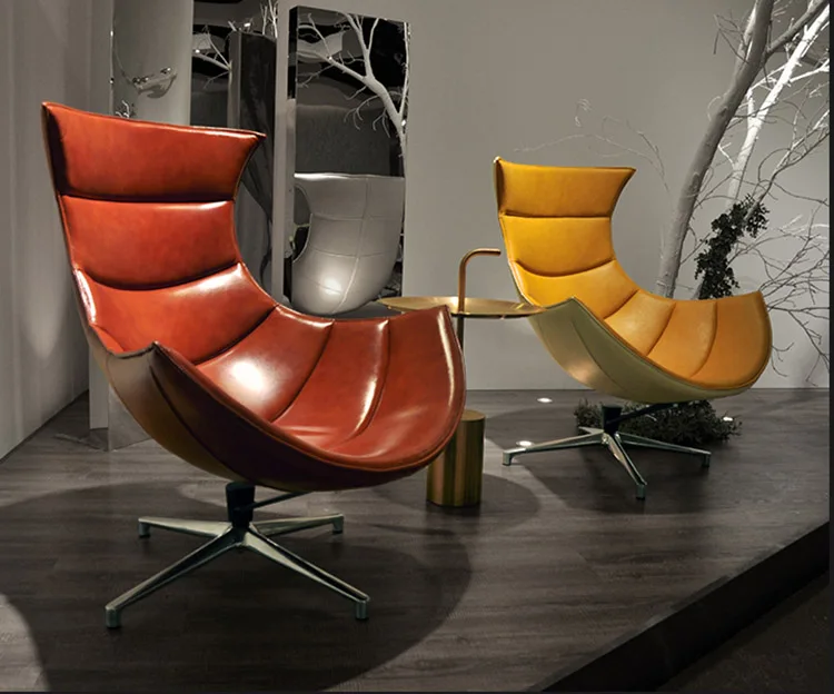 现代高背皮革休闲口音椅子设计四条金属腿旋转客厅家具龙虾休闲椅