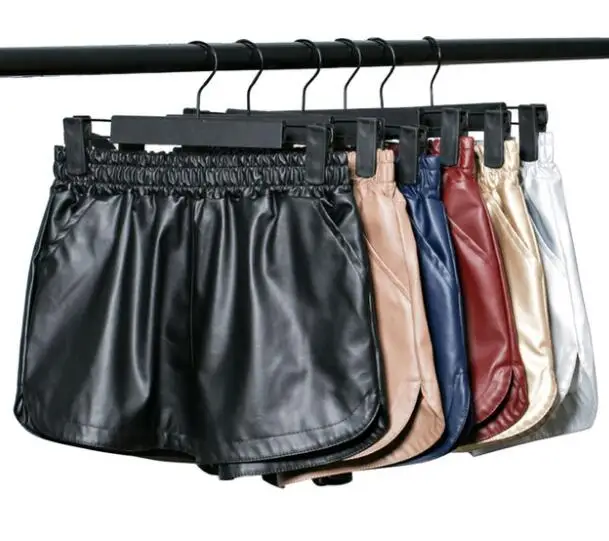 High Quality PU Leather Shorts Women Black Short Pants with Pockets Loose Casual Elastic Waist