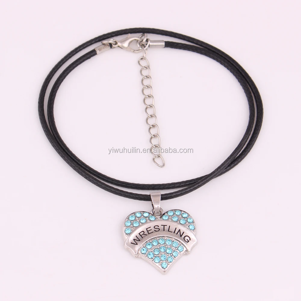 

Heart pendant engraving WRESTLING heart crystal Pu leather cord necklace