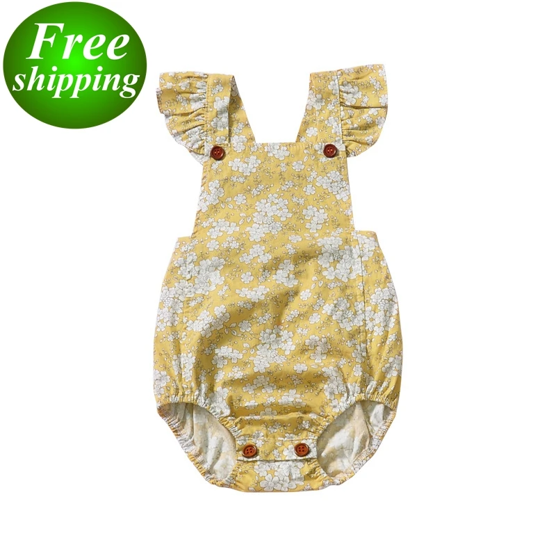 

FREE SHIP 2019 New fly sleeved floral full print girls rompers kids backless bodysuits infant jumpsuits, Plaid