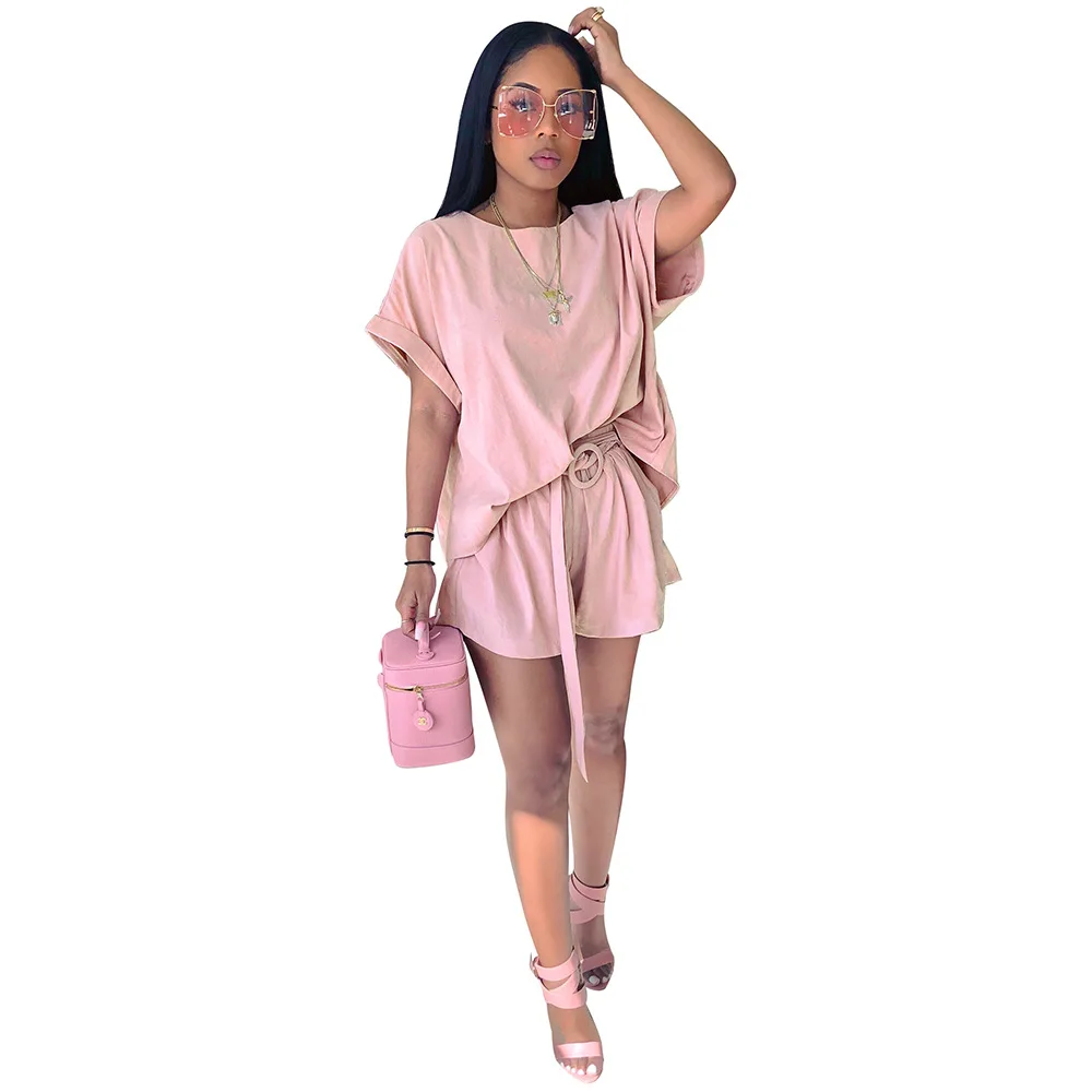 

Women Casual Summer 2 Piece Outfits Jumpsuits Short Sleeve Loose T-Shirts Tops and Ruffle Short Pants Set Party Romper, Different color for you choose