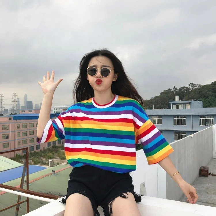 

New T Shirt Women Rainbow Striped Tops Harajuku Tshirt 2019 Summer Short Sleeve Korean Punk T-shirt camiseta feminina T8