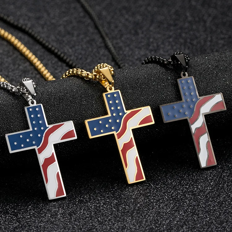 

fashion jewelry 2019 American flag cross stainless steel gold plated pendant necklace