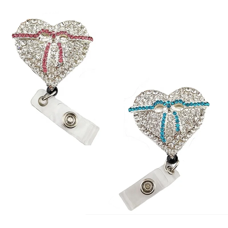 

Hot selling rhinestone nursing health care pink and blue silk ribbon Retractable ID Card Holder badge reel for nurse accessories, As picture