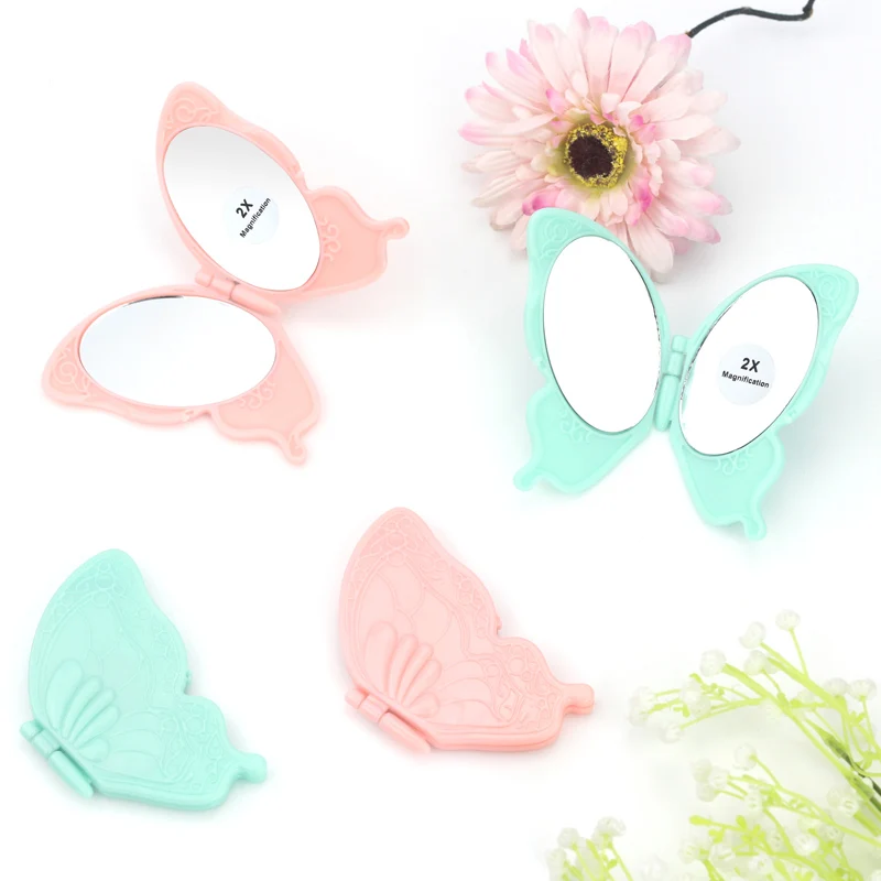

Mini pocket portable double sided butterfly pocket hand makeup mirror, Pink blue