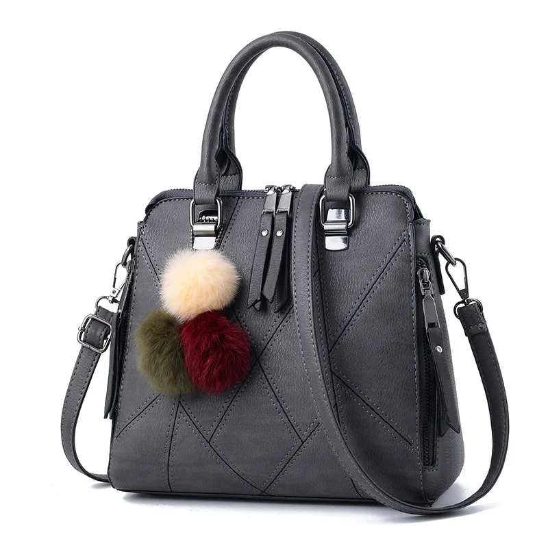 

2021 women shell bags geometric fashion shoulder bag totes high quality pu leather women hand bags with hair ball