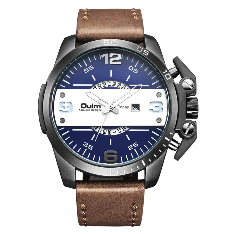 

Fashion Trend High Quality Oulm Big Face Leather Strap Auto Date Men's Quartz Vintage Watch, N/a