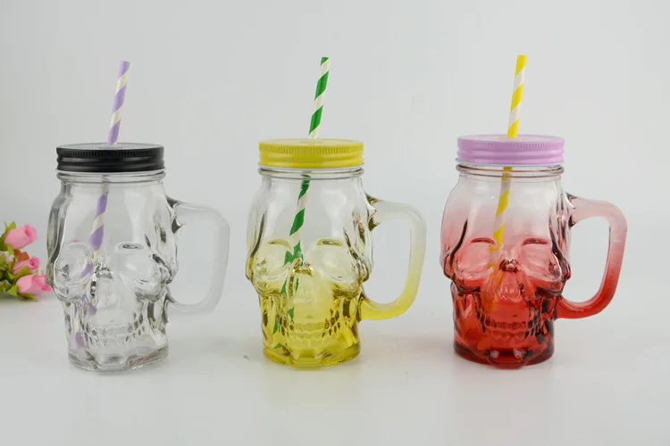 450ml Skull shaped color printing glass mason jar handle cup drinking glass bottle with Lids and Straw