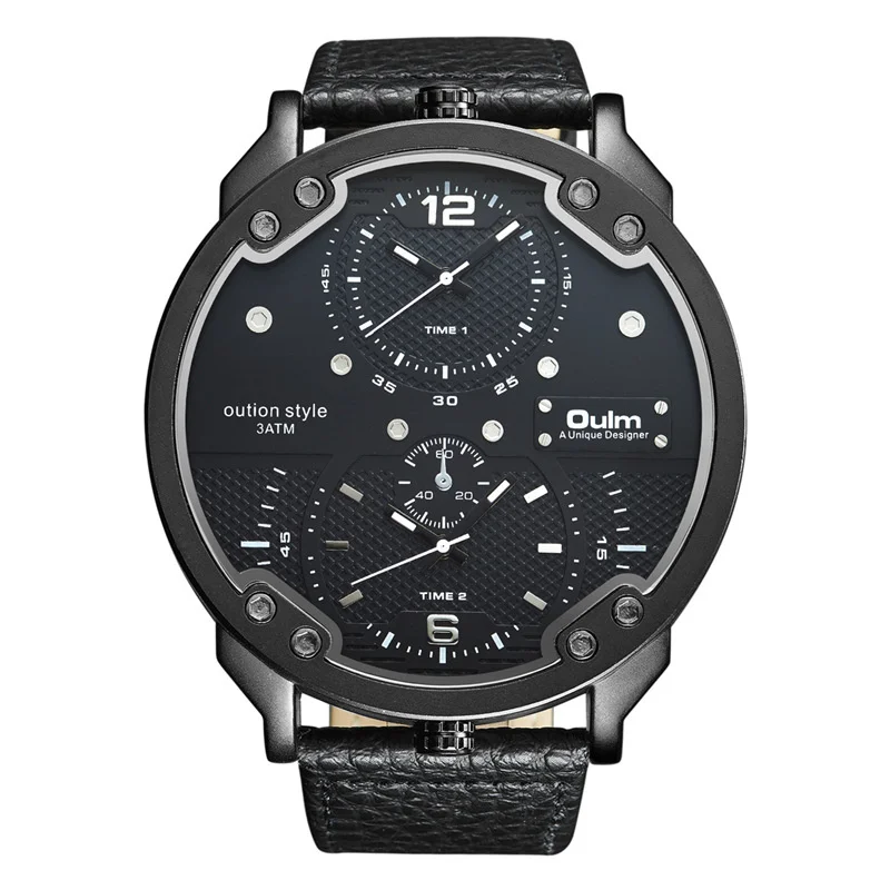 

Oulm Big Watches for Men Multiple Time Zone Sport Quartz Clock Male Casual Leather Two Design watch