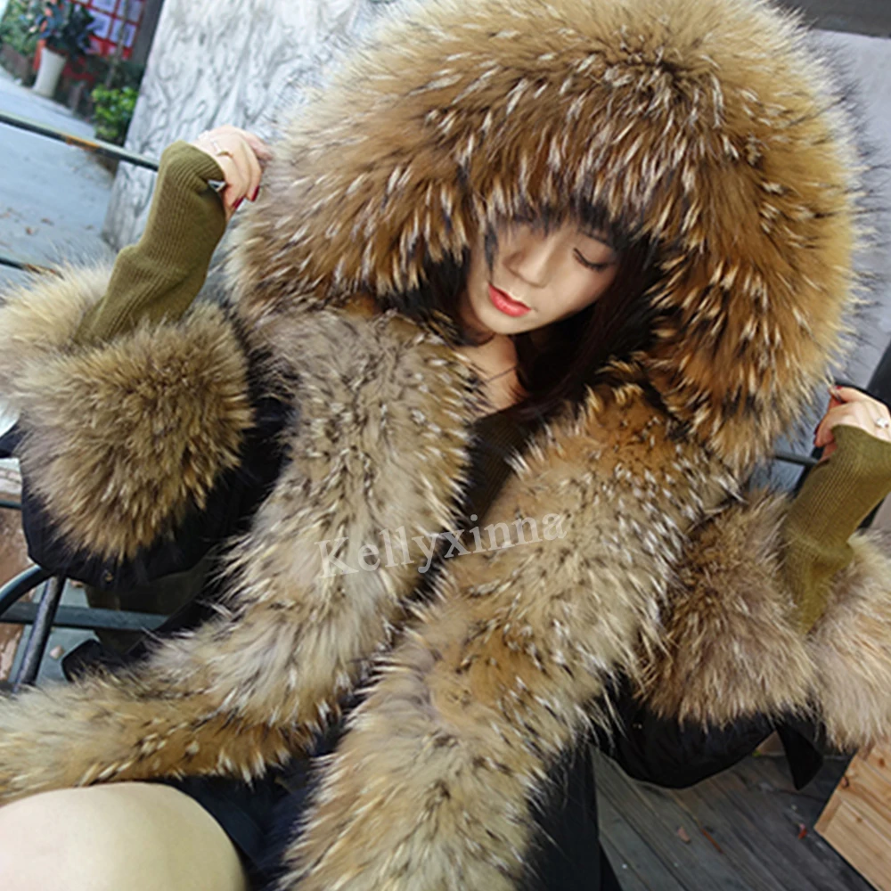 2019 Stock Custom Real Raccoon Fur Lined Parka / Women Autumn Winter Fur  Coat