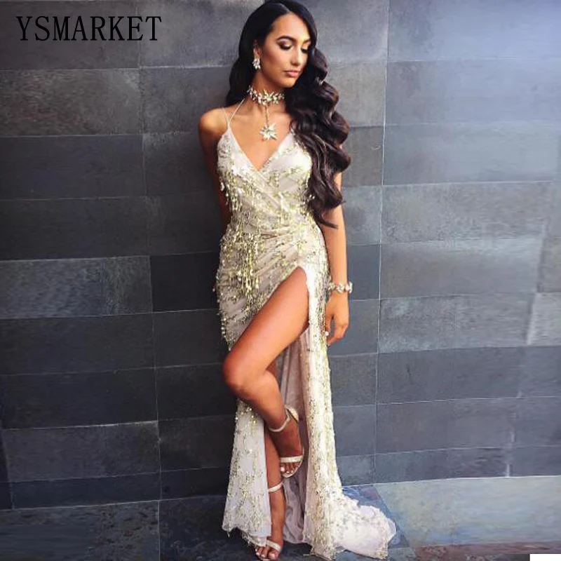

YSMARKET 2018 Spring Women vintage dress Sexy sequin tassel beach party Club Wear Maxi long dresses Gold sequined Robe Ex620, N/a
