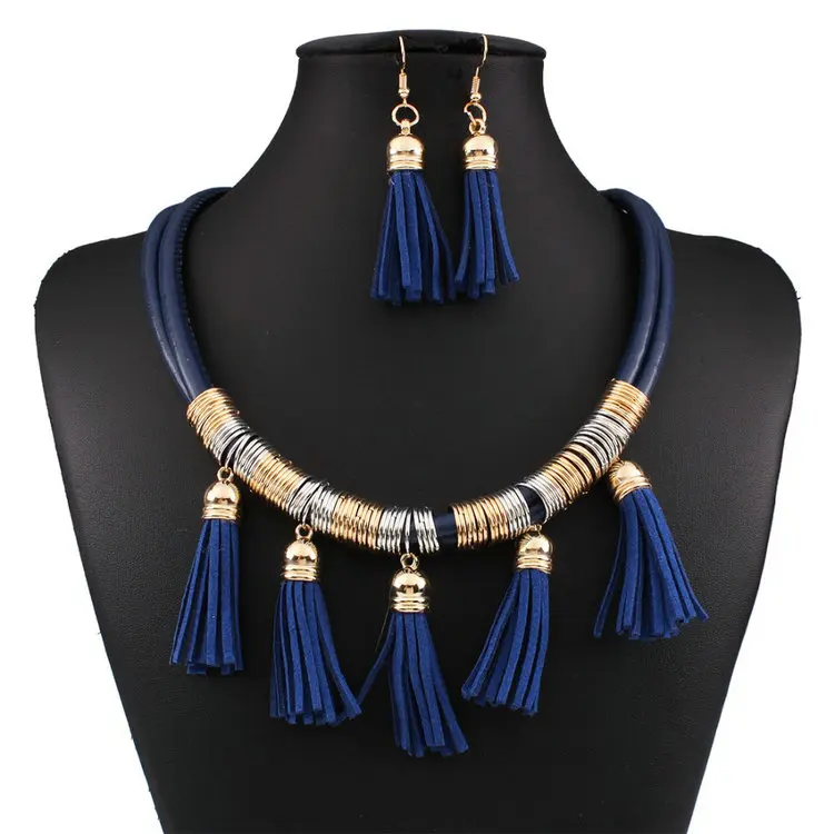 Nouvelle arrivée déclaration colliers mode ensembles de bijoux africains en cuir gland collier boucle d'oreille ensemble