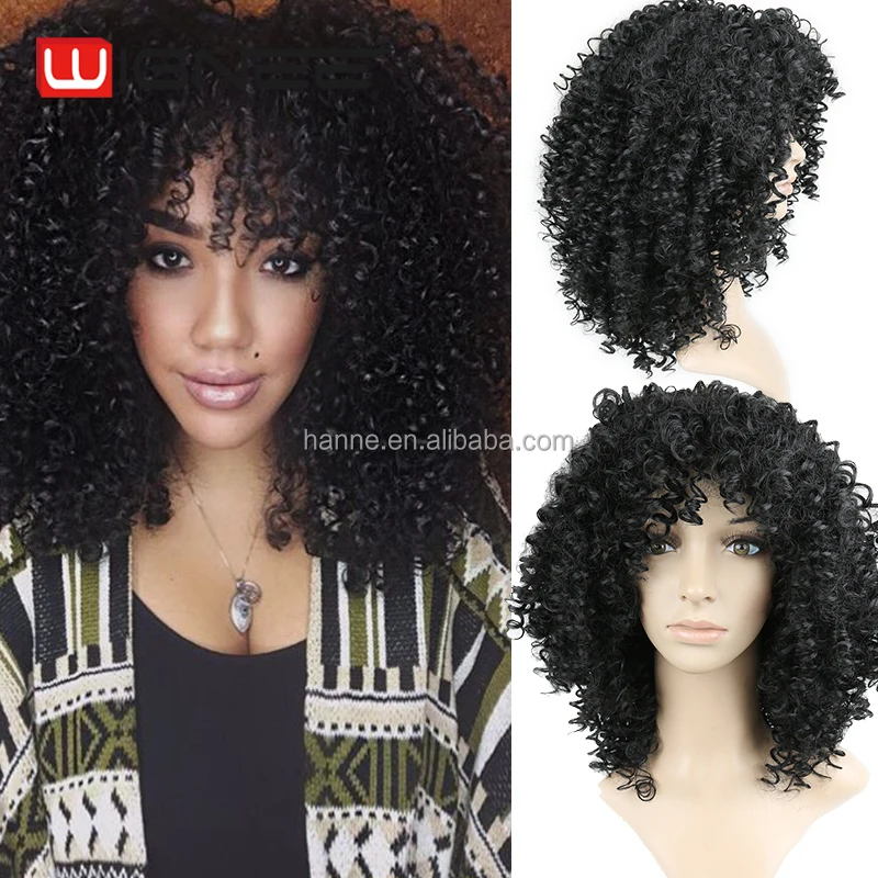 Afro Curly Synthetic Wigs With Bangs Black Color Heat Resistant Kinky Curly Hair Style Wigs For Black Women