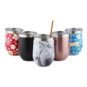 Image of Marble Airprint Outdoor Double Wall Vacuum Insulated 12oz Stainless Steel Stemless Wine Tumbler Glasses Wine Cup with Slide Lid