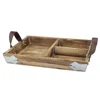 Rectangle Divided Wood Serving Tray with Brown Leather Handles