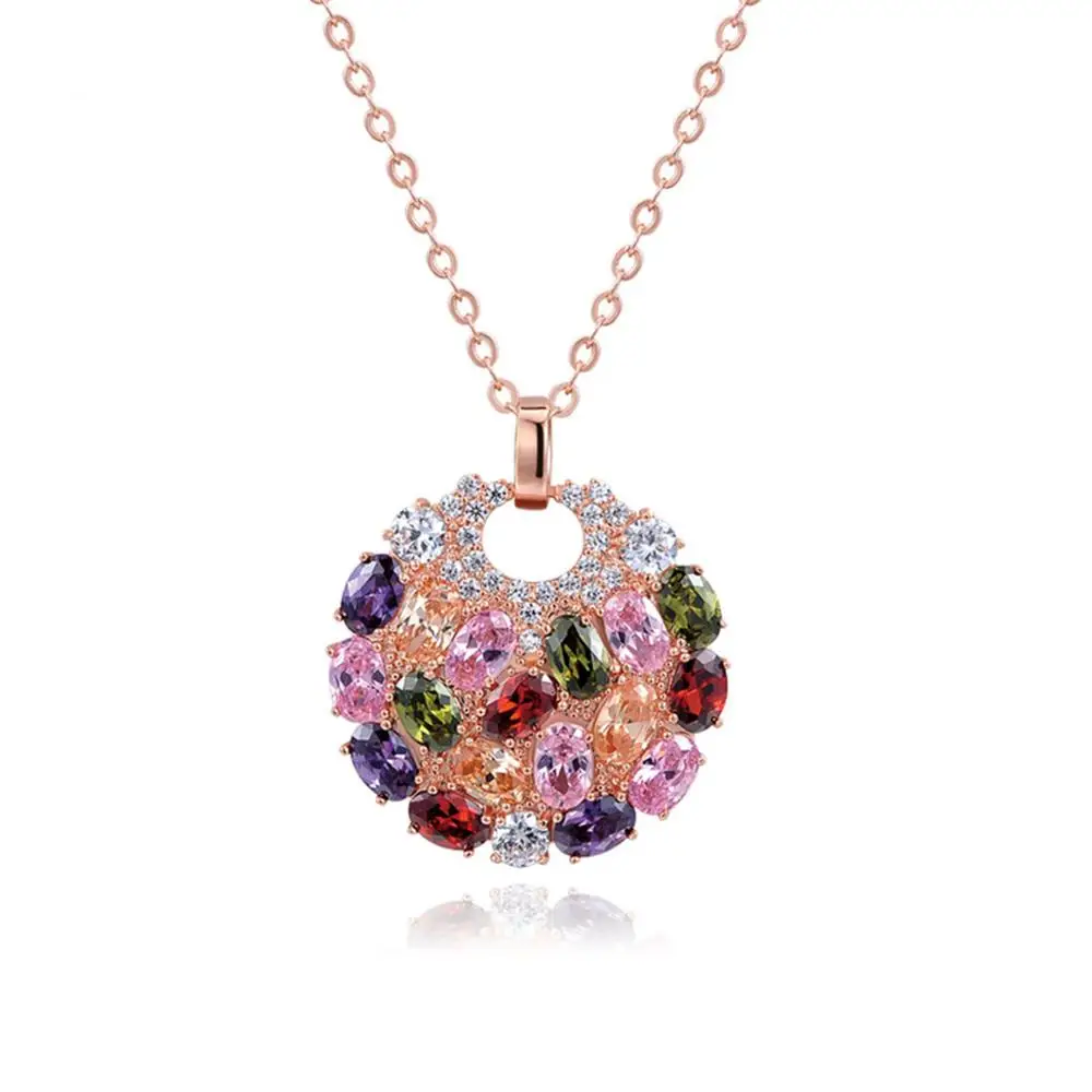 

LUOTEEMI Hot Sale Rose Gold Plated Multicolor Top Cubic Zircon Paved Big Round Pendant Necklace, N/a