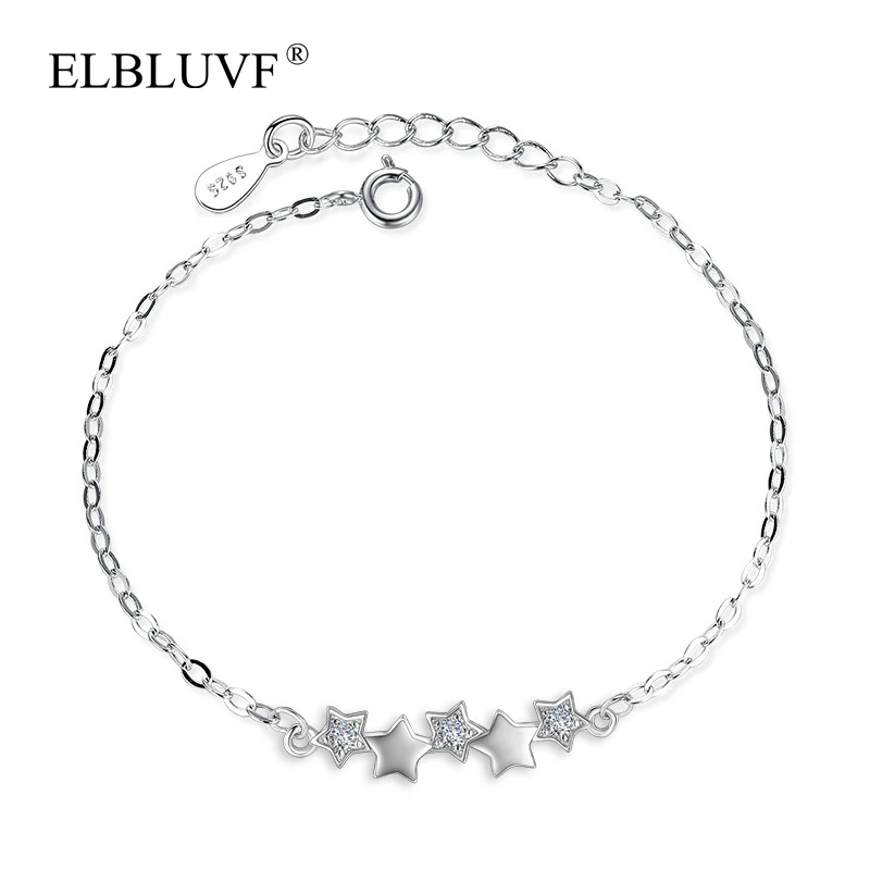 

ELBLUVF Women Copper White Zircon Jewelry Bride S925 Silver Plated Chain Bangle Star Shape Bracelet