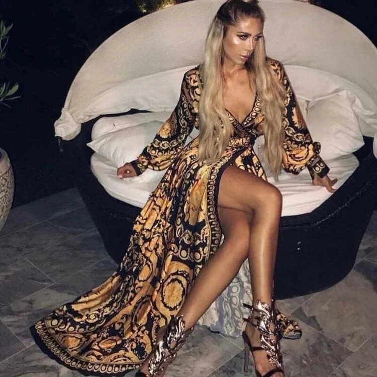 2019 Azamon Hot selling Floral Print Vintage Long Dress Beach Plus size Long Sleeve Dress