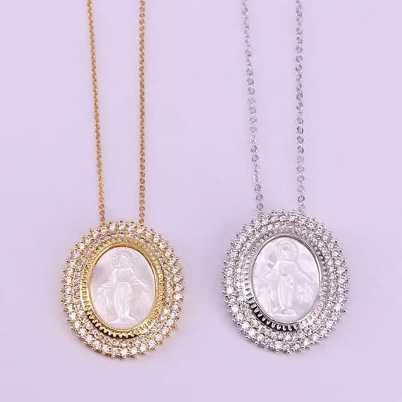 

Silver Gold Color Micro Pave CZ Natural Shell Jesus Pendant Fashion Necklace, Gold;rose gold;silver;black