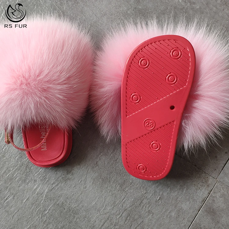 

Fashion styles soft fluffy custom color real fox slippers sandals fur slides for kids, Pink,yellow,white,black,green,or custom