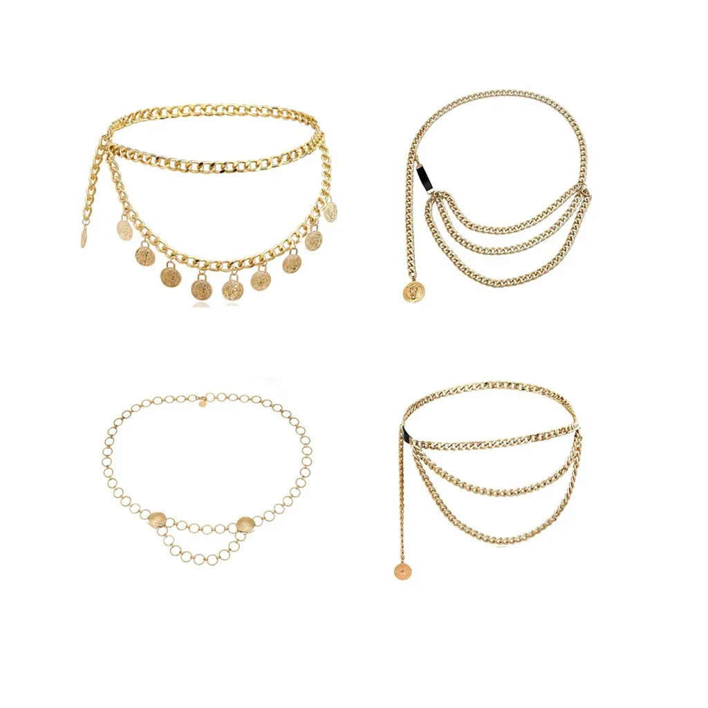 

simple tassel multi layer fan shell body chain female personality punk geometric vintage big coin waist chain circle link belt, As photo