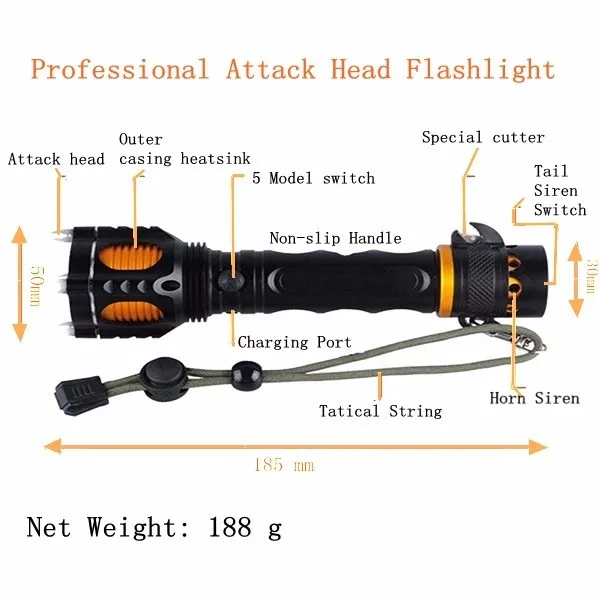 Powerful Emergency Light T6 LED Best Rechargeable Flashlight with Alarm