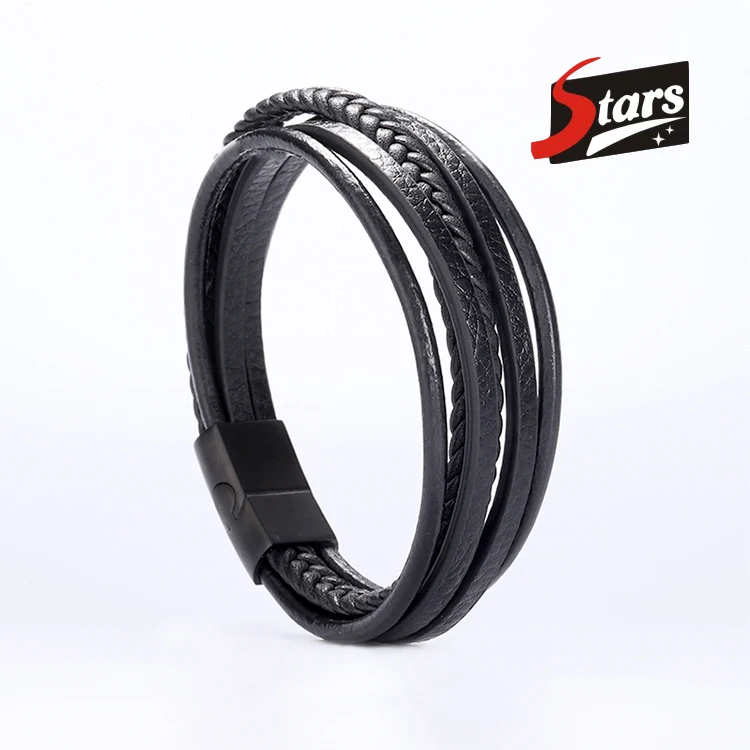 

Punk Stainless Steel Multi-Layer Leather Braided Magnetic Buckle Custom Bracelet For Men Jewelry