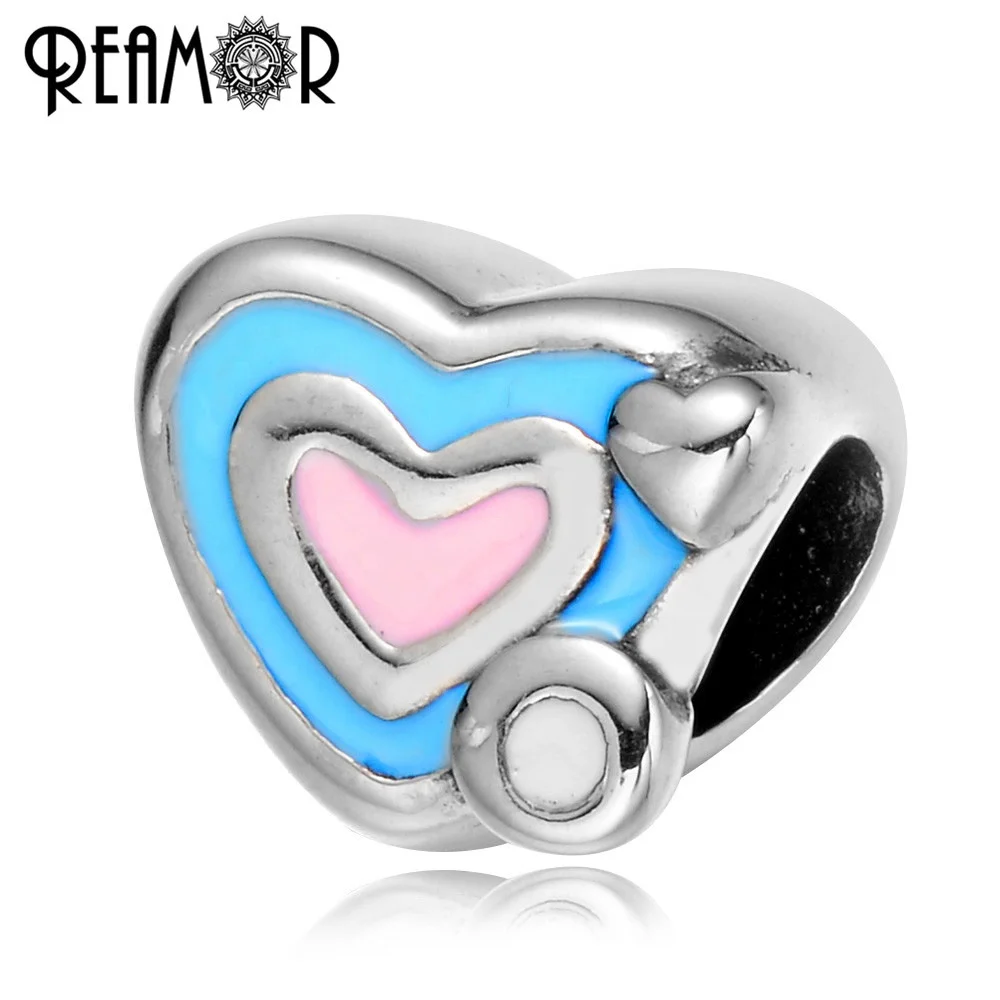 

REAMOR 316l Stainless Steel Enamel Light Pink Blue Heart Pan Style Big Hole Spacer Bead Charms For Bracelet Jewelry Making