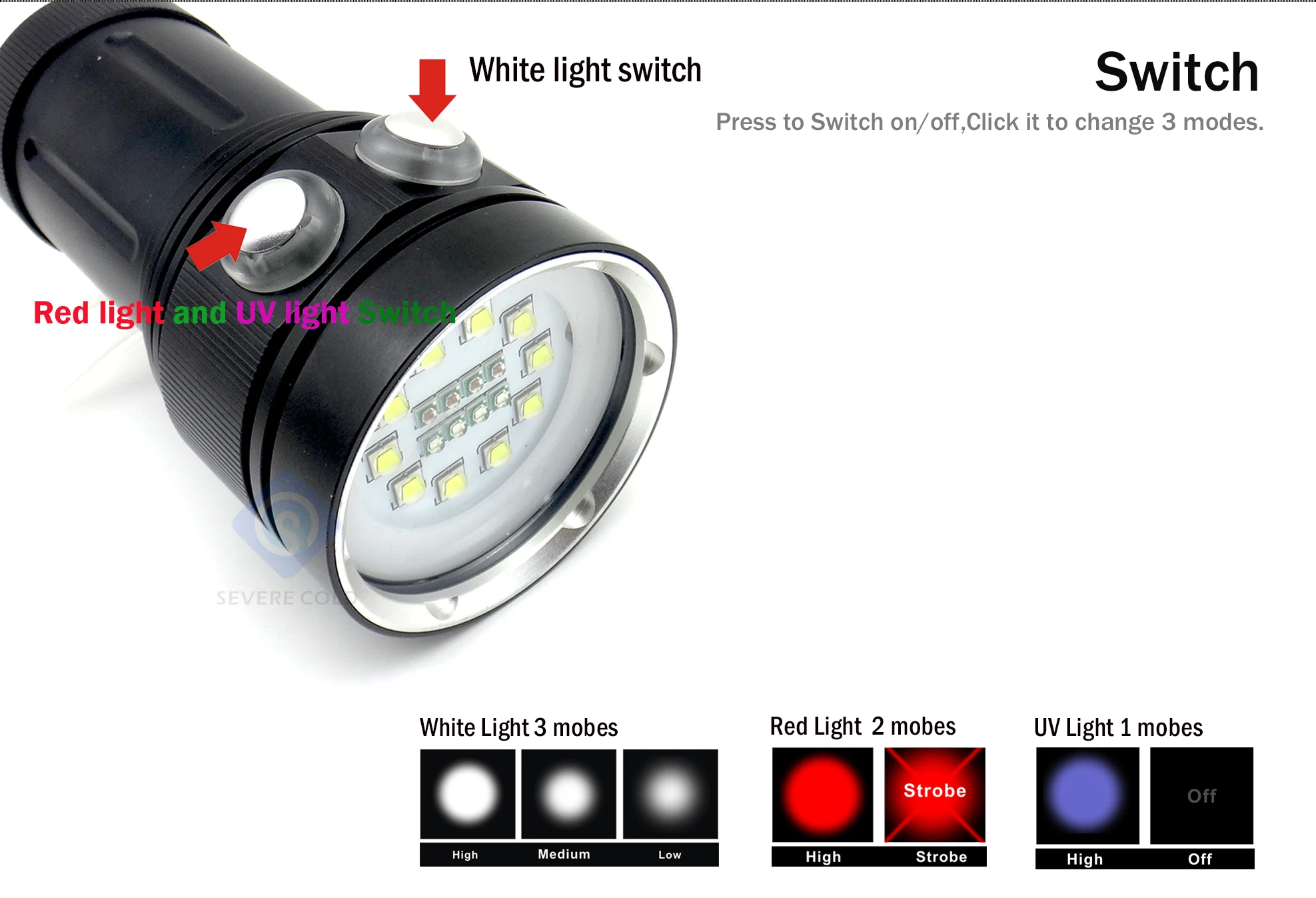 Professional White Red UV LED Diving Torch Light Underwater Video Dive 25000 LM 