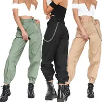 

Popular Lady Personality Solid Color Sports Casual Women's Pants Harem Pants Punk Style Cargo Pants Belt Chain