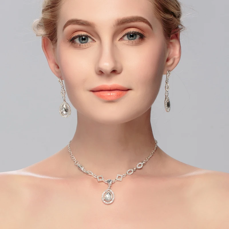 

Rhinestone Necklace and Earrings Jewelry Set Wedding Jewelry Sets for Brides Silver