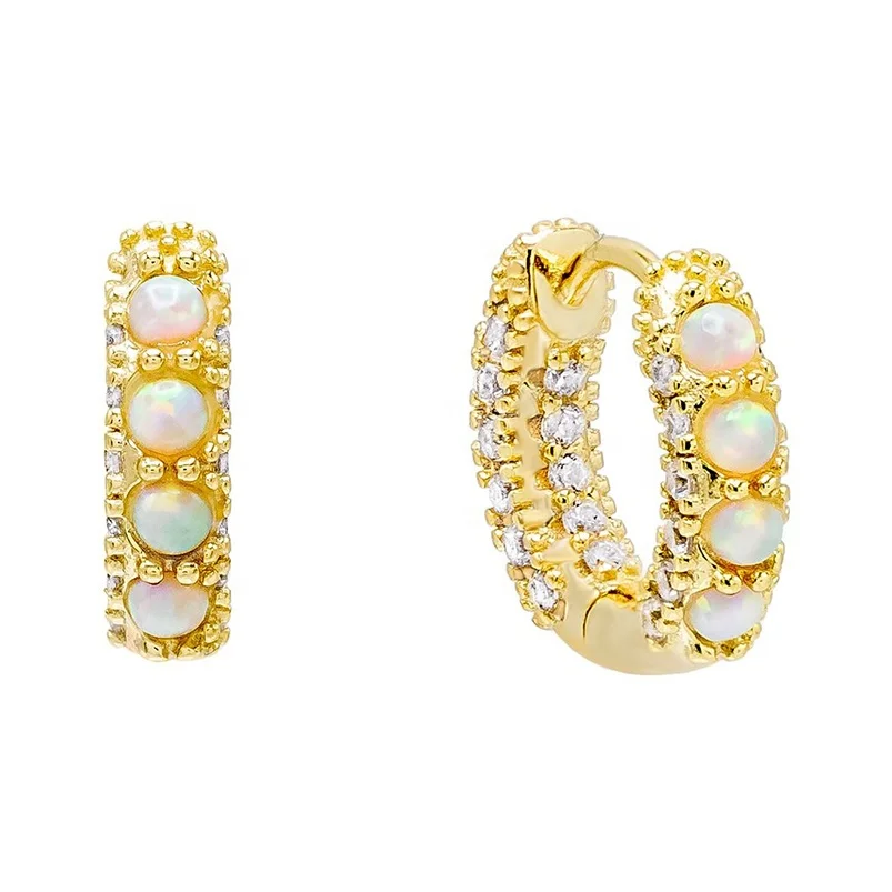 Luxury women jewelry 925 silver cubic zirconia opal huggie earrings