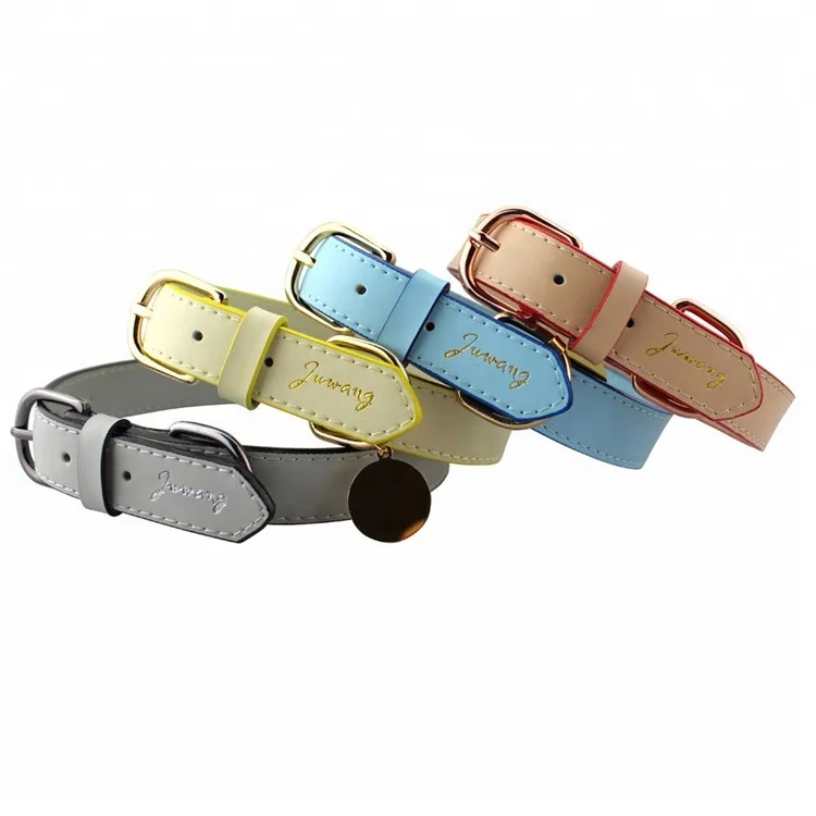

Factory Wholesale Custom Metal Tag Embossed Logo Durable Soft Real Genuine Leather Pet Dog Collar for Dog Lead, Blue, gray, beige, pink