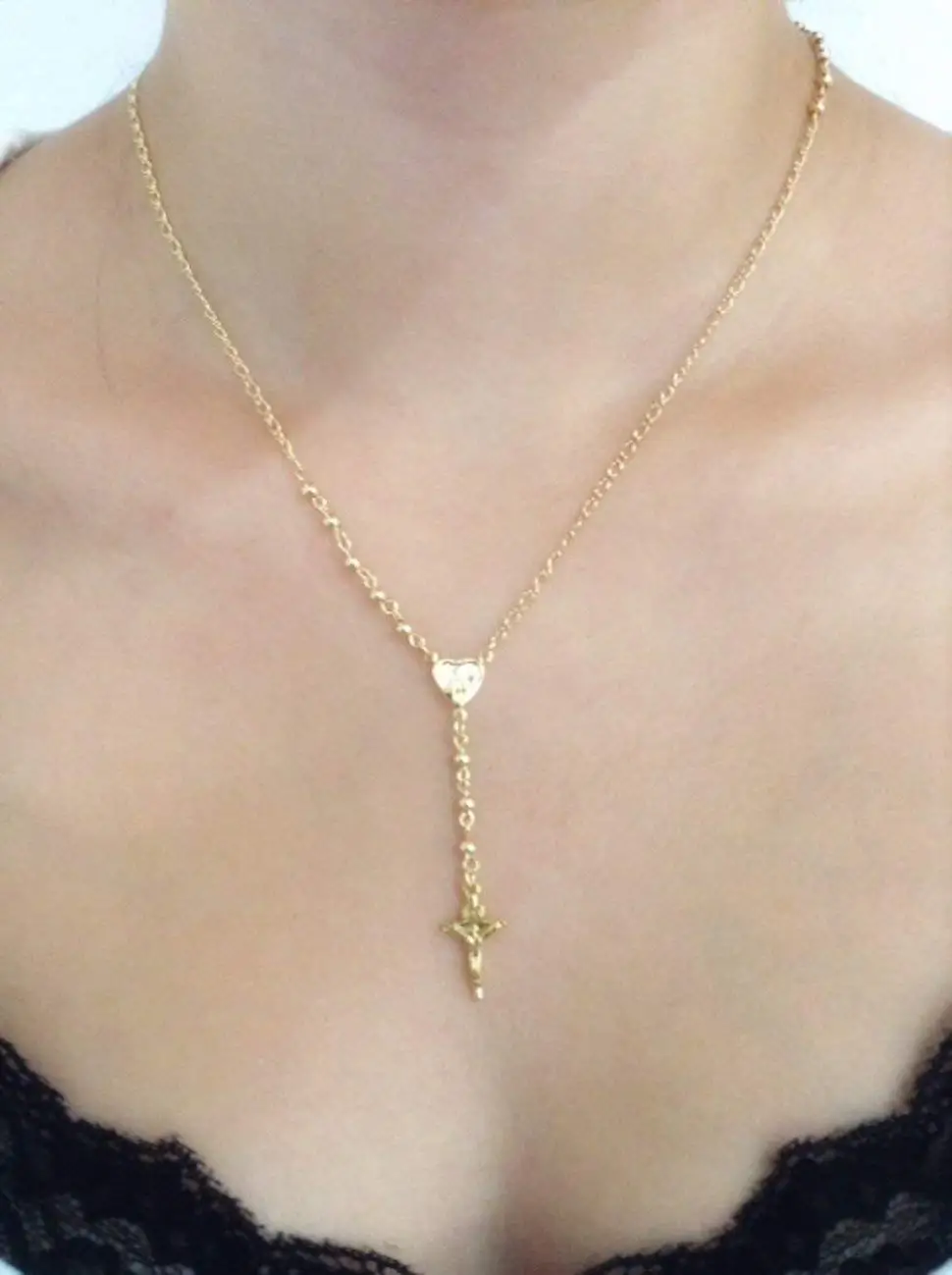 Delicate Rosary Necklace gold plated crucifix Y necklace