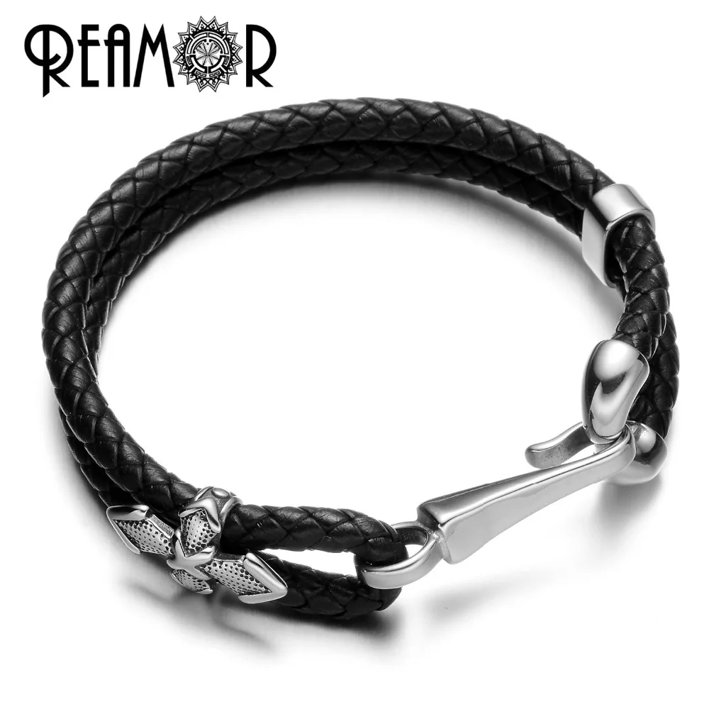 

REAMOR Genuine Leather Braided Men&Women Bracelet 316l Stainless Steel Fish Hook Bracelet Cross Wristband Bangle Fashion Jewelrt
