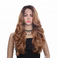 

African American tangle free Long Blonde Body Wavy Synthetic Lace Front Wigs with baby hair Heat Resistant Ombre Brown Wig