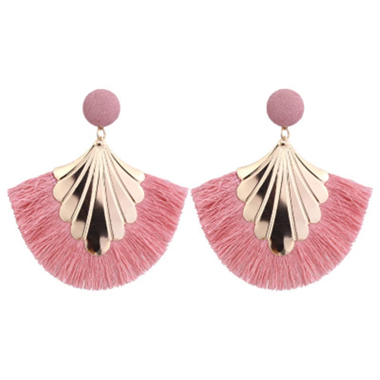 

Hot Sale Stock Pink Ball Gold Plated Tassel Earrings Fashion Fan Shaped Tassel Drop Earrings, Colorful