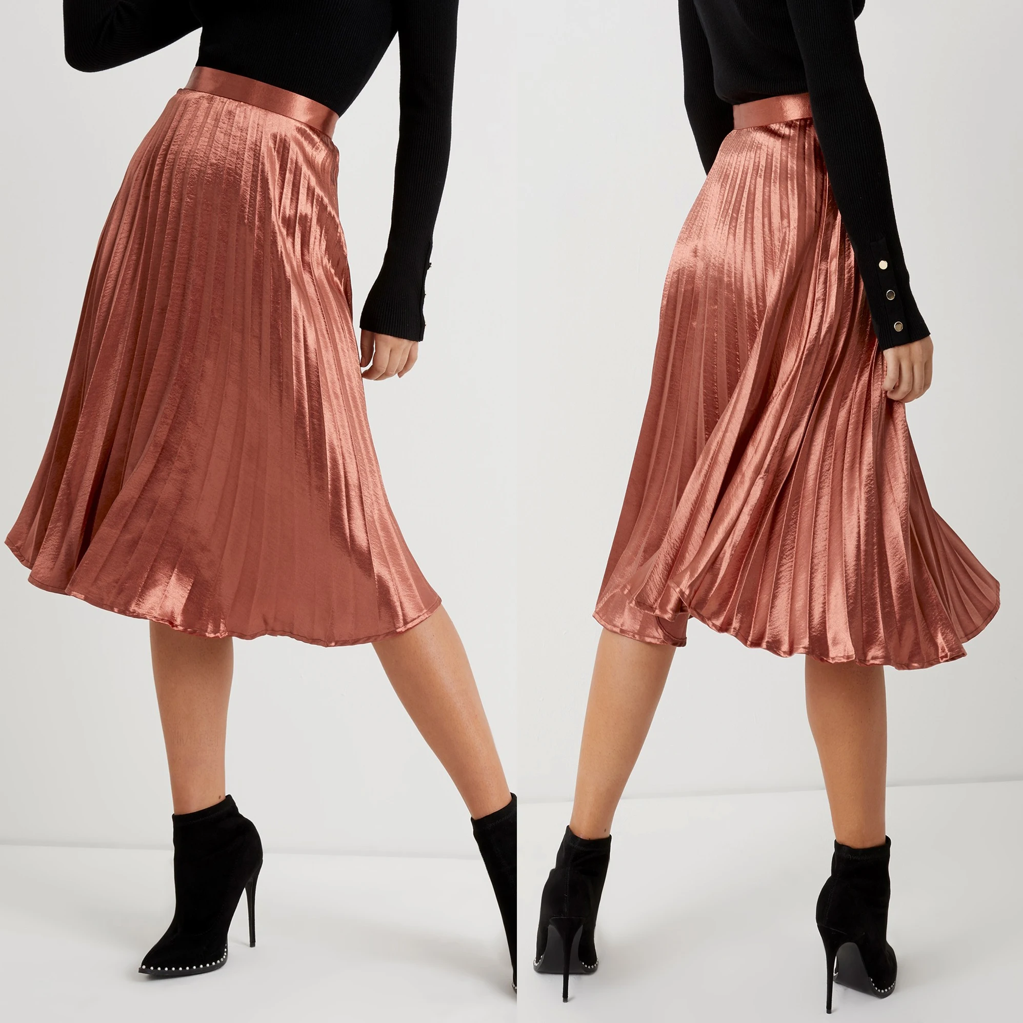 Wholesale Women Satin Fashion High Waist Formal Midi Pleated Silk Skirt