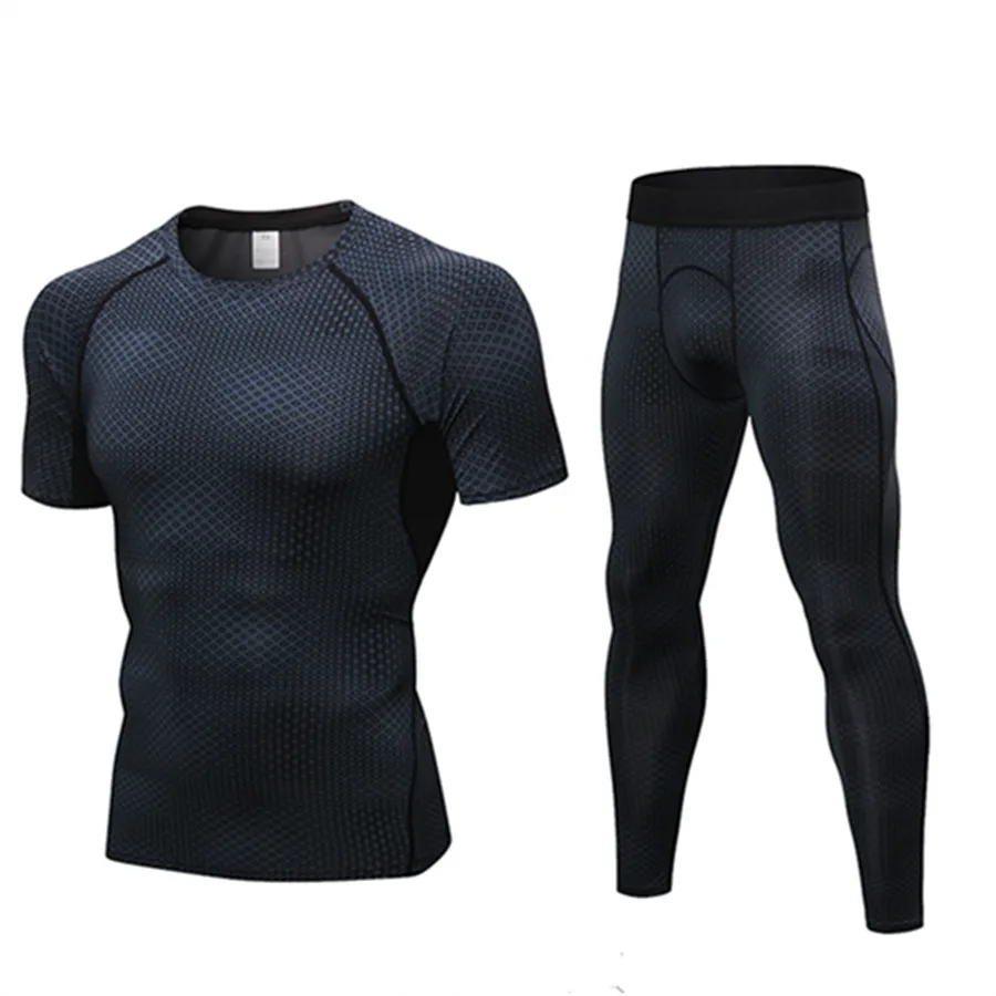 

2019 Men's 2 Pack Sport Suits Short Sleeve T-shirt + Pants Fitness Tight Running Set Quick-dry Compression Workout Sportswear