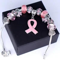 

Pink RIbbon Breast Cancer Awareness Big Hole Beads Bracelets With Snake Chain For Women Survivor Souvenir Gift