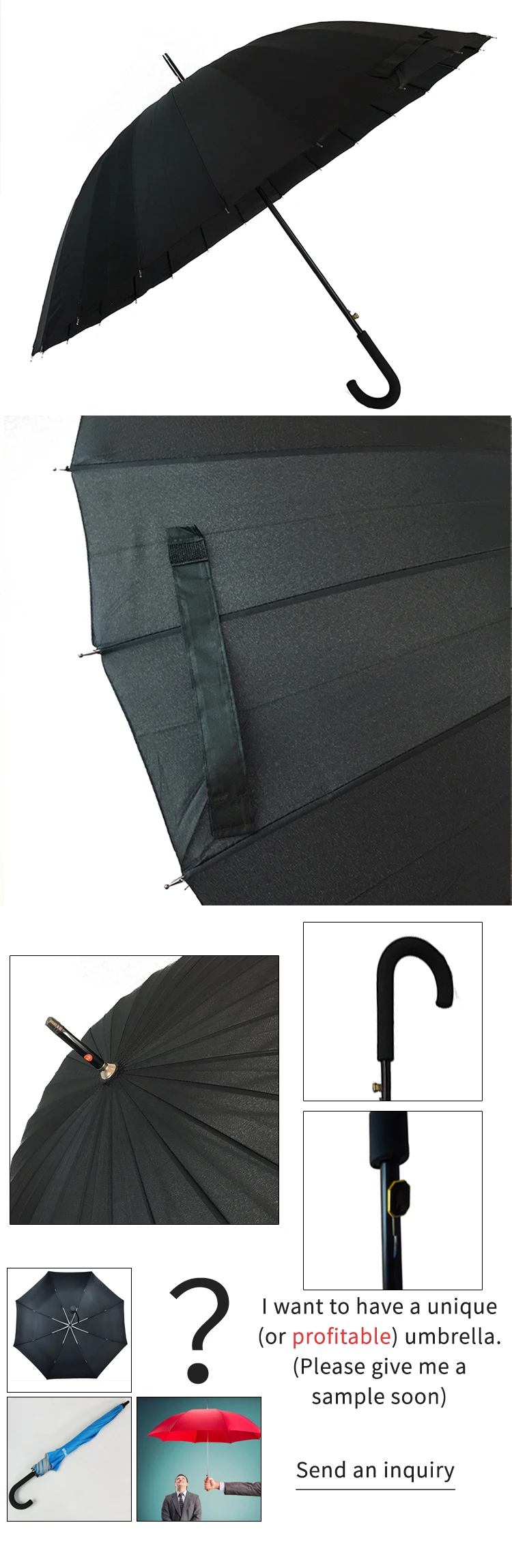 27 inch 24 rib long hook handle custom print umbrella