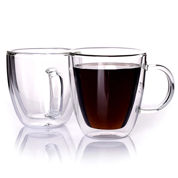 

150ml 250ml 350ml 450ml High Borosilicate Double Wall Glass Coffee Cup Mug With Glass Handle, Transparent
