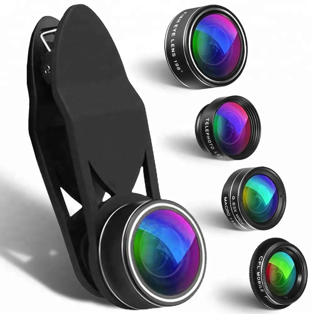 

Hot selling 5 in 1 clip on fisheye ,telephoto ,wide angle macro lens for mobile phone, Black