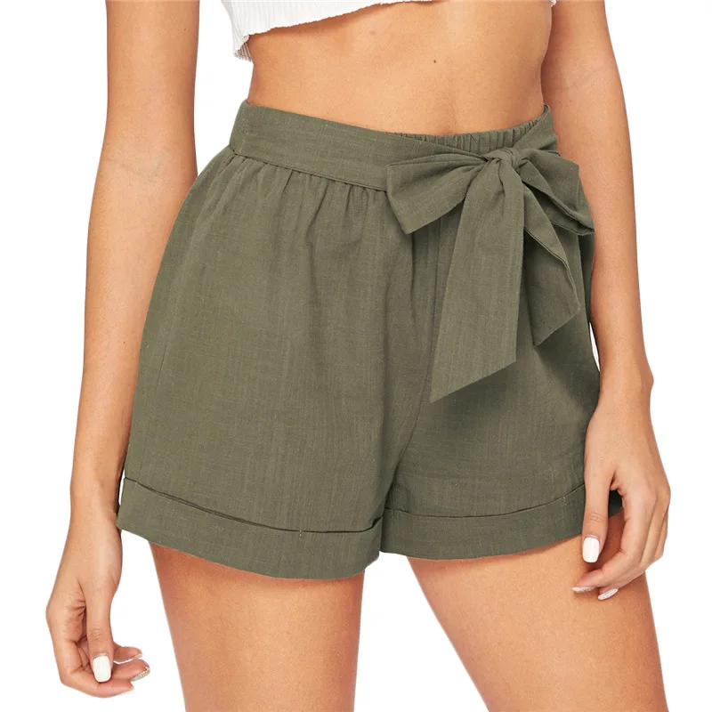 

Self Belted Elastic Waist Shorts Fitness Women Army Green Solid Mid Waist Shorts 2019 Fashion Summer Shorts, As the pictures show