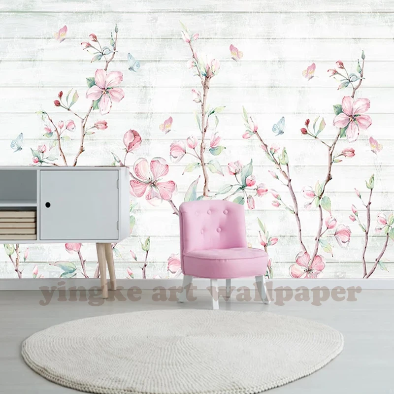 
Photo Wallpaper hand painted watercolour sakura wood grain Mural Living Room Bedroom Decor Wallpaper butterfly floral Wallpapers 