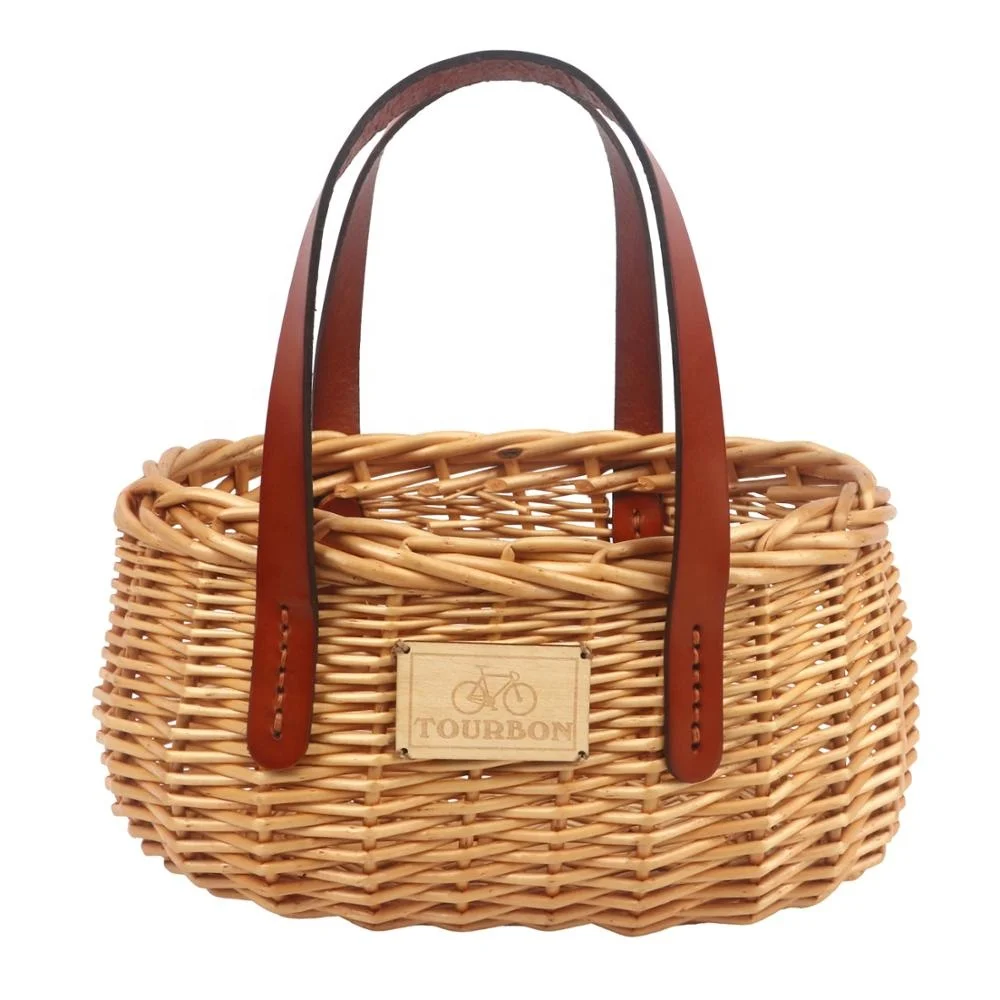 

Tourbon Bike Wicker Basket Vegetable Tanned Leather for Shopping Camping