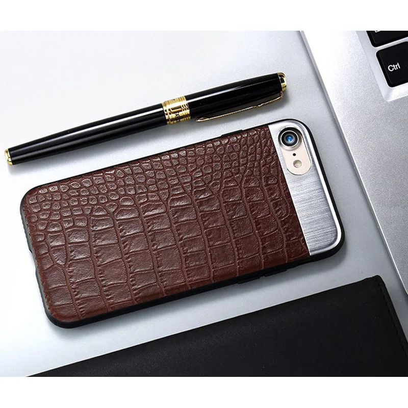 Retro Crodile Leather Joint Metal Back Cover for Iphone 6 / 7 / 8 Plus / X hard case