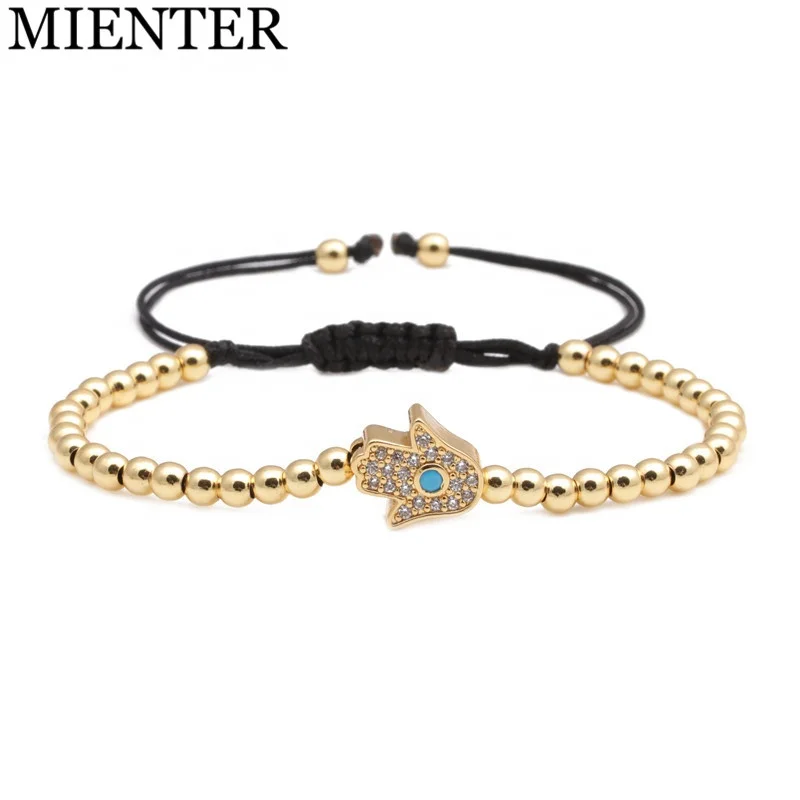 

Wholesale macrame bracelets CZ crystal pave hamsa hand charm beads braided bracelet, Picture